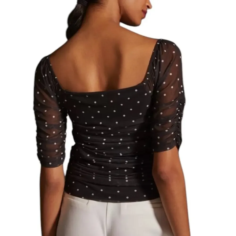 Anthropologie Black Polka Dot Mesh Ruched Puff Sleeve Coquette Top XS